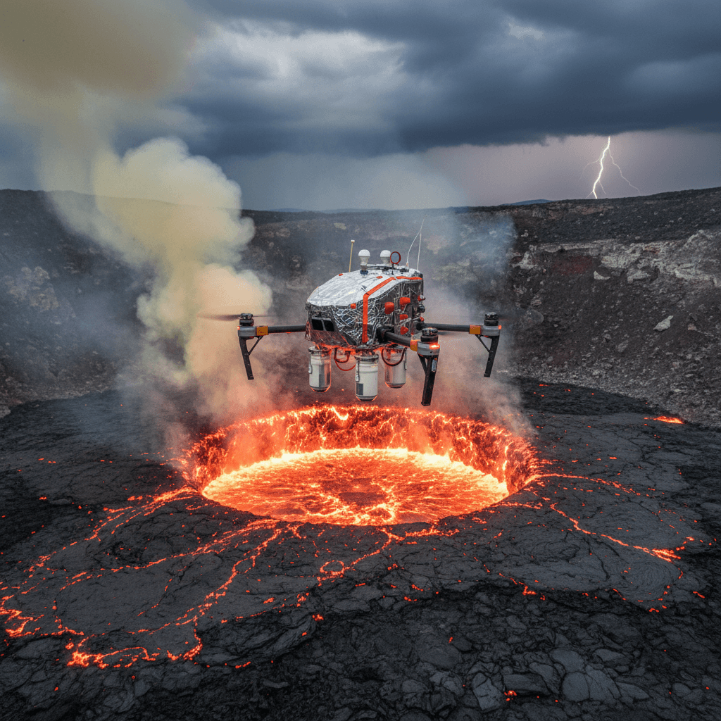 Heat-shielded research drone flying over active volcano crater